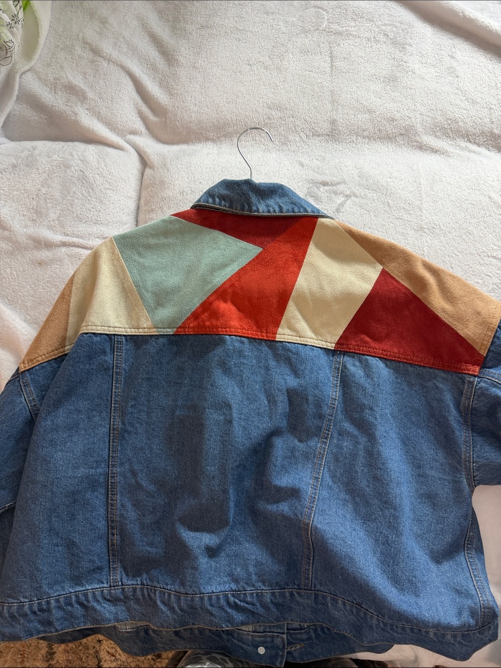 Forever 21 Blue Denim Colorblock Jacket with Red, Tan & Cream  2397 Panels - Picture 2 of 4